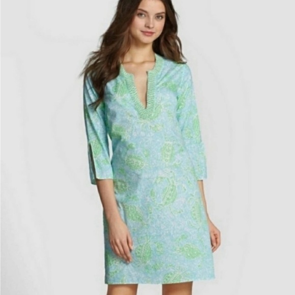 Lily Pulitzer Blue and Green Patterned Tunic with Beaded Neckline - Picture 1 of 4